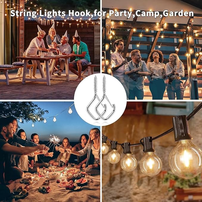 80 Pcs Outdoor Hooks for String Lights,Screw Hooks for Hanging Plants,Ceiling Hooks with Safety Buckle,Square Hanger for Wind Chimes,Bird Feeder,Lanterns,Christmas Decorations Silver