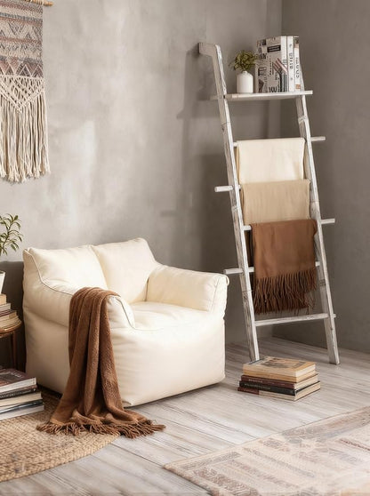 Wash White Wood Blanket Ladder with Top Shelf for the Living Room, 67in Decorative Blanket Holder, 5 Tier with Side Hooks for Hanging, Rustic Farmhouse Towel Throw Ladder Rack for Organize and Display