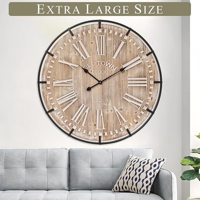 MICWIC Farmhouse Wall Clock 30 Inch - Rustic Wood Metal Decor, Silent Sweep, Battery Operated for Living Room Kitchen Office, Brown