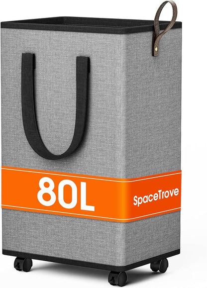 SpaceTrove Laundry Basket with Wheels, Collapsible Laundry Baskets, Laundry Hamper with Handles Detachable Wheels, Rolling Laundry Basket, Dirty Clothes Hamper for Bathroom, Dorm, Bedroom, Grey, 80L