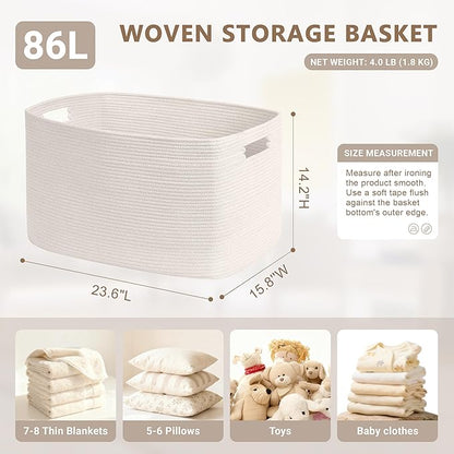 SunNewt 86L Large Baby Girls Laundry Basket for Nursery Storage,Cute Woven cotton Rope Baskets for Kids Toy，Gifts, Boho Square Wicker Blanket hamper for Living Room,Bedroom Dirty Clothes, White