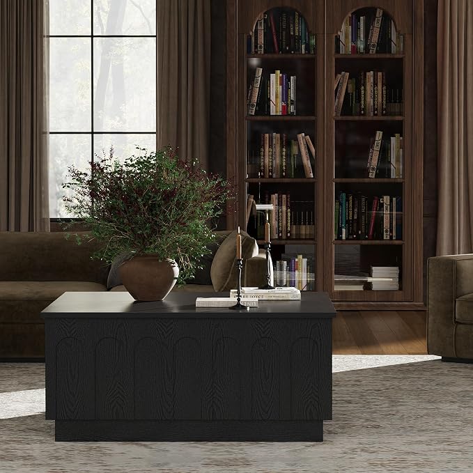 FORTUNETEC Lift Top Coffee Table with Storage, Modern Coffee Table with Arched Design, 31.5" Square Tea Table with Wood Grain, Minimalist Multifunctional Center Table for Living Room, Office, Black