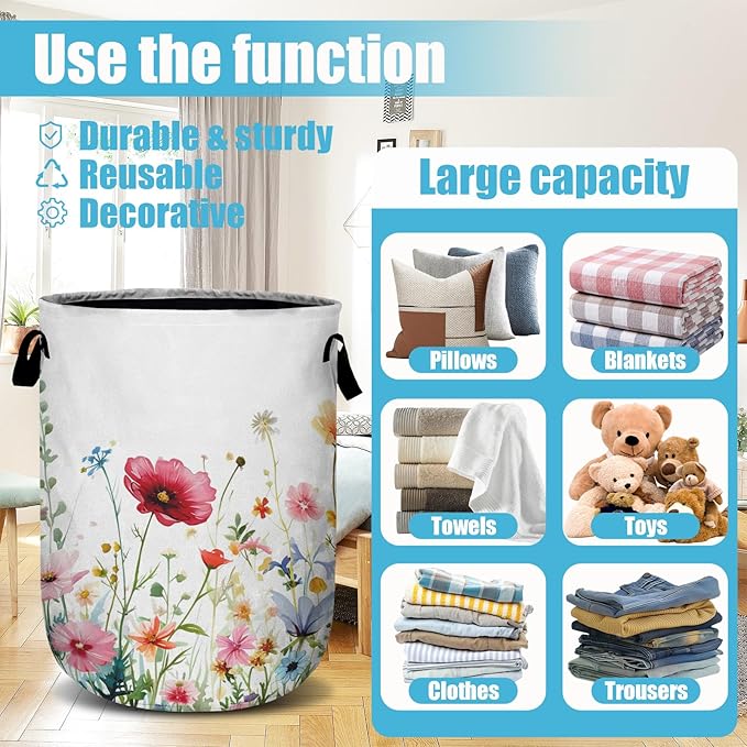 Watercolor Wildflowers Laundry Basket, Floral Laundry Hamper Collapsible Oxford Cloth with Handle Clothes Toy Storage Bin for Bathroom Laundry Room Bedroom 15.7 X 20 Inch