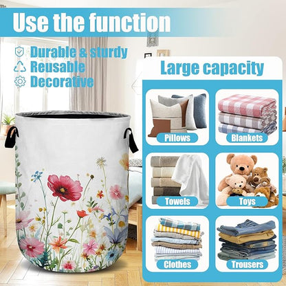 Watercolor Wildflowers Laundry Basket, Floral Laundry Hamper Collapsible Oxford Cloth with Handle Clothes Toy Storage Bin for Bathroom Laundry Room Bedroom 15.7 X 20 Inch