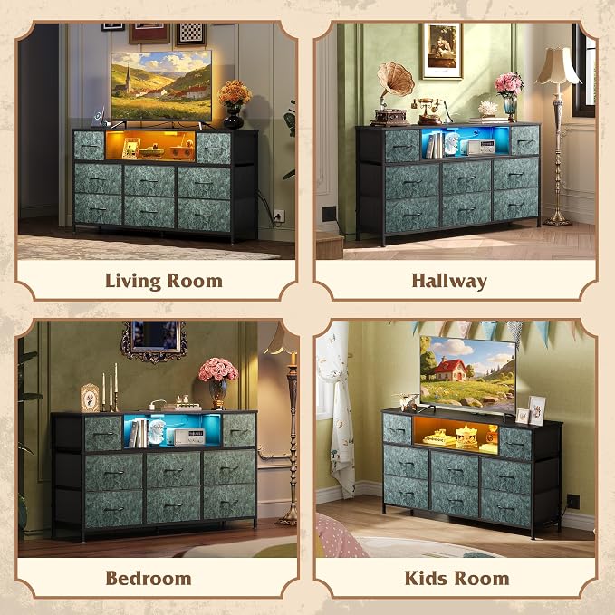 WLIVE Dresser TV Stand for 45, 50, 55 inch TV, Entertainment Center with LED Lights & Charging Station, Chest of Drawers with 8 Fabric Drawers and Open Shelves for Living Room, Hallway, Vintage Green