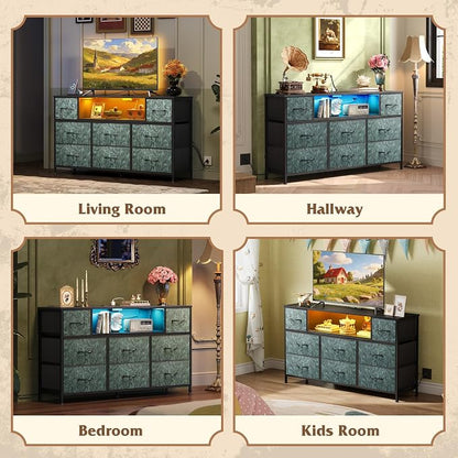 WLIVE Dresser TV Stand for 45, 50, 55 inch TV, Entertainment Center with LED Lights & Charging Station, Chest of Drawers with 8 Fabric Drawers and Open Shelves for Living Room, Hallway, Vintage Green