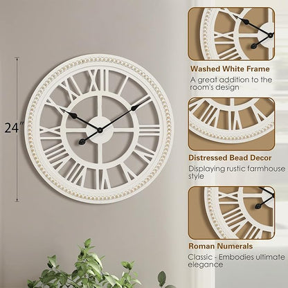 RiteSune 24 Inch Large Farmhouse Wall Clock, Rustic Wall Clock Decor, Wooden, Non-Ticking, Easy to Hang for Living Room, Bedroom, Kitchen