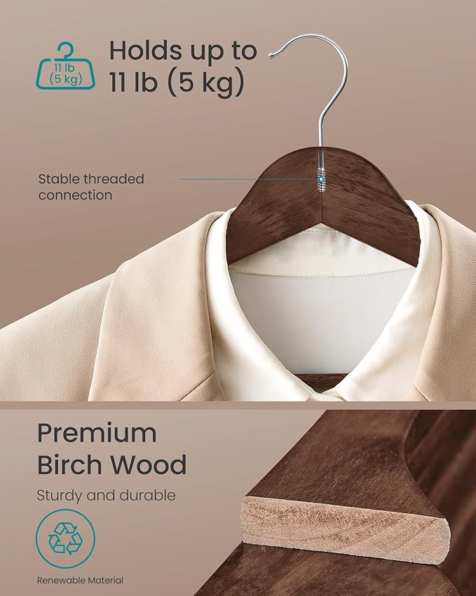 SONGMICS Wooden Hangers, Pack of 30, Coat Hangers, Pants Bar, 360° Swivel Hooks, Solid Birch Wood, Space Saving, for Jackets, Shirts, Coats, Walnut Brown UCRW030K02