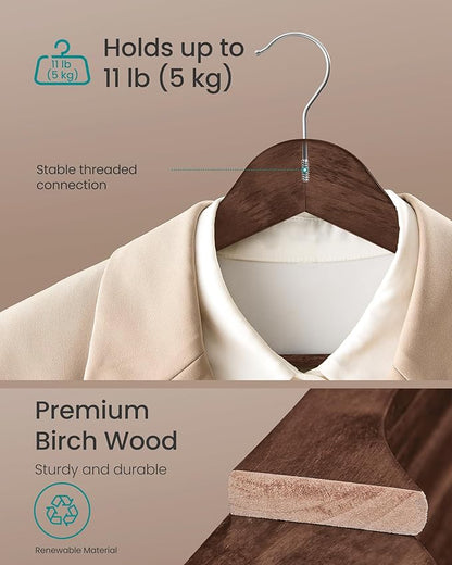 SONGMICS Wooden Hangers, Pack of 30, Coat Hangers, Pants Bar, 360° Swivel Hooks, Solid Birch Wood, Space Saving, for Jackets, Shirts, Coats, Walnut Brown UCRW030K02