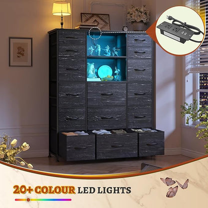 EnHomee 51" H Dresser with 15 Drawers Dresser for Bedroom with Charging Station & LED Lights & Hutch Sturdy Black Bedroom Dressers, Steel Frame, Wood Top, 51.2" H x 39.3" W x 11.8" D