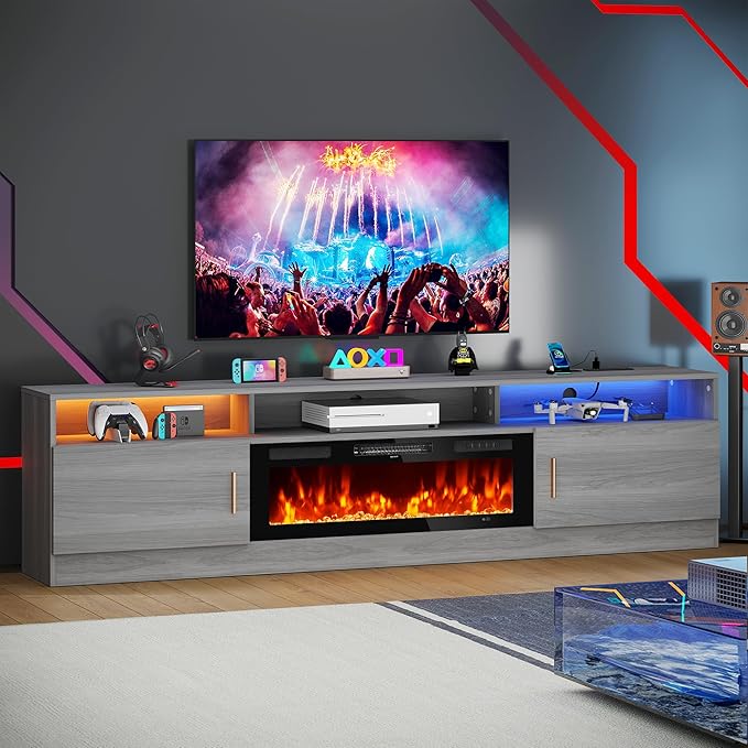MXV 78" Fireplace TV Stand with Power Outlet for TVs UP to 90", Electric Fireplace Entertainment Center with LED Lights & Storage Cabinets, TV Console for Living Room, Office, Grey-Black