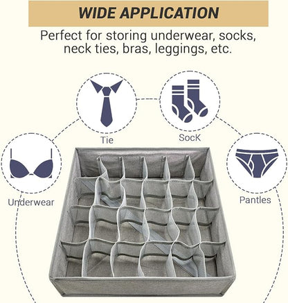 PINGMIC Gray Sock Organizer Divider 2 Pack - 24 Cell Foldable Closet Storage, Tie Organizer For Men Boxes for Socks, Ties, Belts