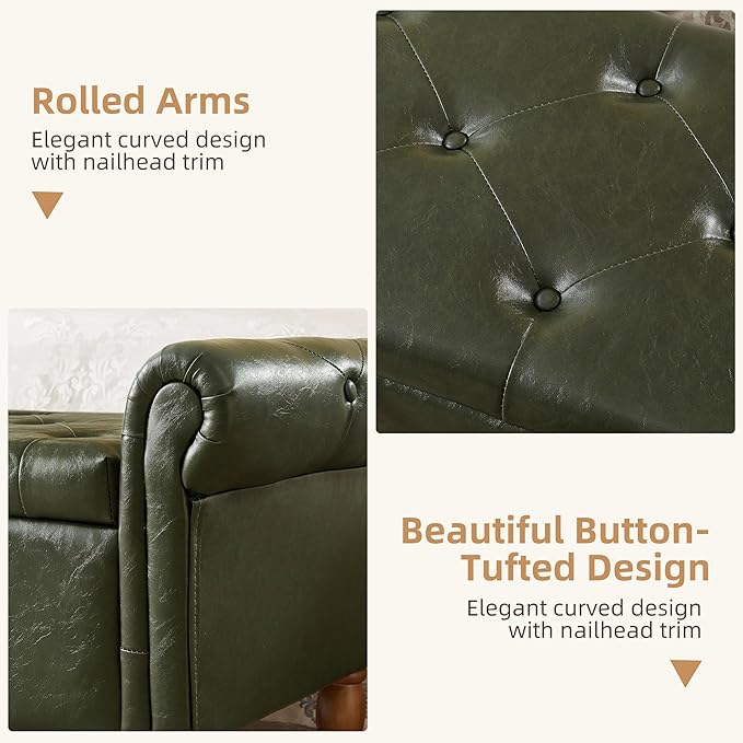 Storage Ottoman Bench, 50" Modern Upholstered End of Bed Bench, Faux Leather Rolled Armed Button-Tufted Ottoman with Storage for Living Room, Entryway, Window, Green