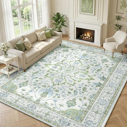 RELEANY Area Rugs Large 10'x12' Washable Non-Slip, Floral Vintage Distress Medallion Carpet for Living Room Bedroom Dining Room, Green White Blue