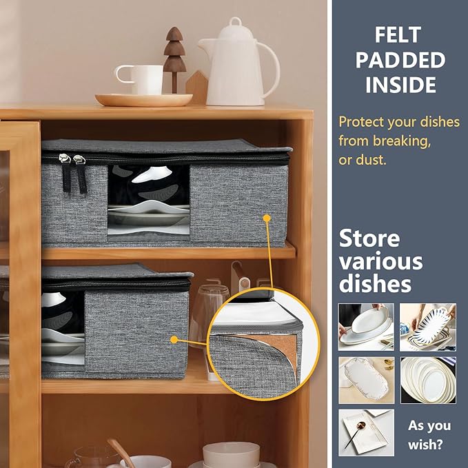 Platter Storage Case - Plate Storage Containers with PVC Windows,16.5“x12.6x5.5'', Stackable China Storage Containers Hard Shell,4 Felt Dividers Included for Dish,Plate, Dinnerware and Transport(Gray)
