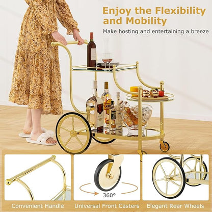 Tangkula Bar Cart, 3-Tier Rolling Home Bar Serving Cart with Mirrored Shelves & 4 Wheels, Mobile Beverage & Wine Cart for Kitchen, Dining Room, Living Room (Gold)