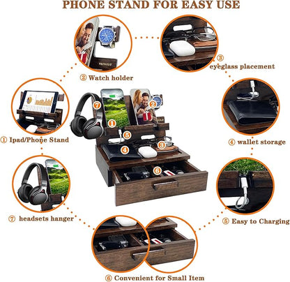 VEIYAILU Gifts for Men Women Husband Son Boyfriend Him Nightstand Organizer Wood Phone Docking Station Birthday Gifts (Walnut)