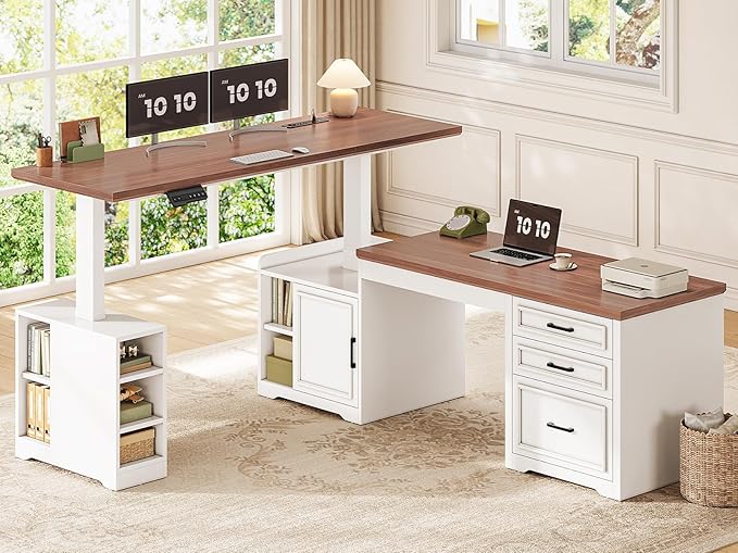 SEDETA Farmhouse L Shaped Electric Standing Desk, 63" x 67" Height Adjustable Home Office Executive Desk with Drawers and Shelves, Standing Computer Desks with Power Outlet for Home Office, White