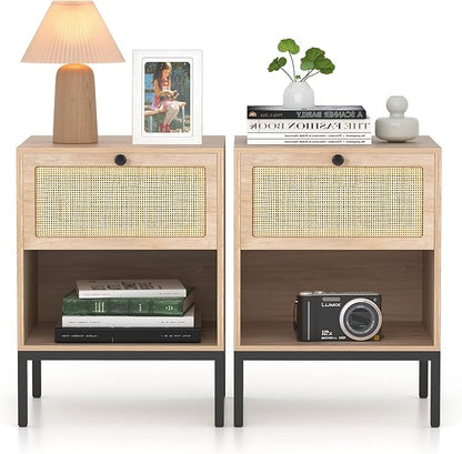 XIAO WEI Natural Rattan Nightstand Set of 2, Boho Night Stand with Drawer and Open Shelf, Bedside Table Accent Cane End Table Side Table for Bedroom Living Room, Metal Legs/Small/Natural