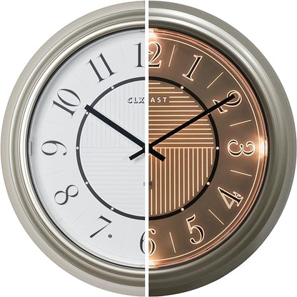 CLXEAST 14 Inch Self-Illuminated in/Outdoor Atomic Wall Clock for Home Office, Night Light Wall Clocks for Living Room Decor,Modern Farmhouse Morning Silver/Gold Finish