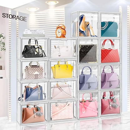DILIBRA 5 Packs Clear Plastic Handbag Storage Organizer for Closet, Acrylic Display Box for Handbag, Stackable Storage Boxes Bag Organizer with Magnetic Door