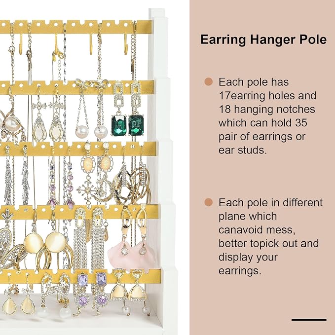 Pinzoveco Earring Organizer, 5 Layer Earring Holder Organizer with Metal Necklace Holder Pole, Rustic Wood Jewelry Organizer Stand Display for Stud Earring Bracelet Necklace Ring, 175 Earring Holes