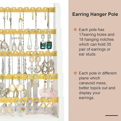 Pinzoveco Earring Organizer, 5 Layer Earring Holder Organizer with Metal Necklace Holder Pole, Rustic Wood Jewelry Organizer Stand Display for Stud Earring Bracelet Necklace Ring, 175 Earring Holes