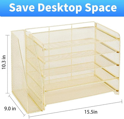 OPNICE Desk Organizer, 5-Tier Paper Organizer Letter Tray with Magazine Holder, Office Desk Accessories & Workspace Organizers, Desktop File Organizer for Office Supplies Storage, Gold