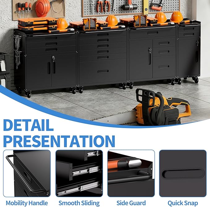 Metal Garage Storage Cabinet with Wheels, Rolling Tool Cabinet with 6 Drawers, Heavy Duty Tool Cabinet with Workbench, Assembly Required, Black