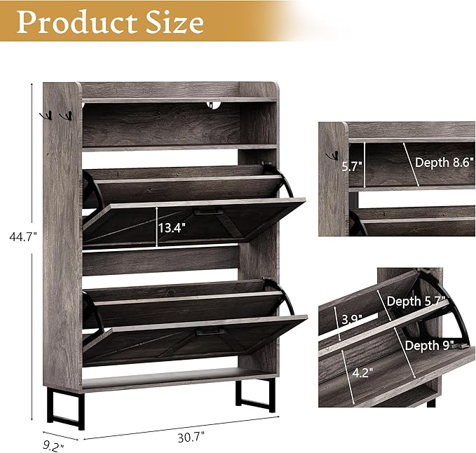Shoe Cabinet with 2 Flip Drawers, 45" Freestanding Narrow Wood Shoe Storage Cabinet with Metal Legs and Hooks, Slim Shoe Rack Organizer for Entryway, Hallway, Grey