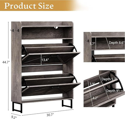 Shoe Cabinet with 2 Flip Drawers, 45" Freestanding Narrow Wood Shoe Storage Cabinet with Metal Legs and Hooks, Slim Shoe Rack Organizer for Entryway, Hallway, Grey