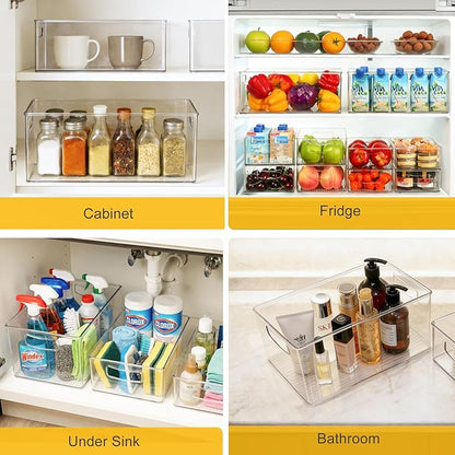 Hudgan 8 Pack Freezer Organizer Bins,Stackable,Clear Bins for Fridge,Pantry | Straight Side, 3 Sizes, 2 XL Storage Container, 3 Large Cabinet Organizer, 3 Medium Storage Drawer