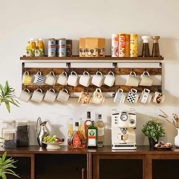 IBUYKE Mug Racks for Wall,Set of 3, 24-Hook Large Coffee Mug Holder Wall Mounted, Rustic Wood Coffee Mug Rack Display Organizer for Kitchen, Home,Bar, Coffee Station,Rustic Brown TBJ005H-3