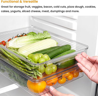 vacane Stackable Freezer Organizer, Flat Produce Saver Sliced Cheese Container with Lids, Freezer Storage Containers Food Storage Tray for Fruits, Vegetables, Meat