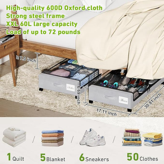 Tututry Under Bed Storage with Wheels, XXL 60L Under the Bed Storage Bins, Underbed Storage Containers with Lids & Label, Rolling Metal Drawer for Shoes, Clothes, Books, Toys (2-Pack Gray)
