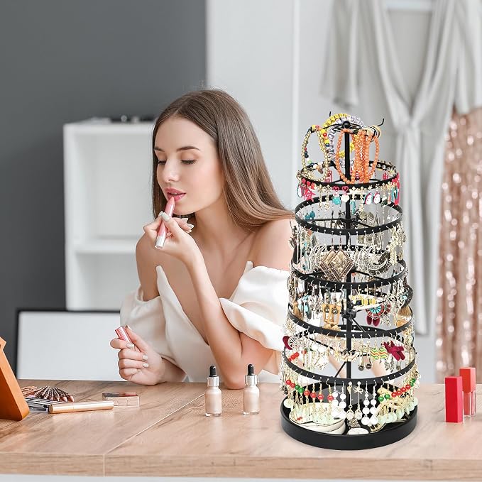 17Dec 6 Tier Rotating Jewelry Organizer Stand, 230 Holes Earring Holder Organizer for Women Girls, Spinning Earring Tree with Ring Holder, Wide Base for Bracelets Watches Lipstick