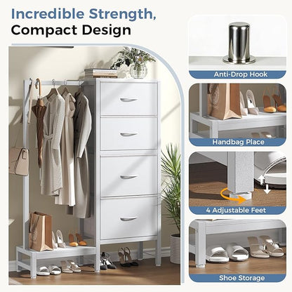 OLIXIS 4 in 1 Storage with Hanging Rack, Clothes Rack Shoes Rack, Bag Hook, Tall Storage Tower, Sturdy Frame for Bedroom Entryway Living Room White
