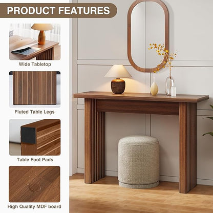 Fluted Entryway Console Table, Wooden Rectangular Sofa Table for Entrance, Narrow Wood Entryway Small Long Entry Table for Hallway, Living Room (Walnut)