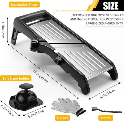 Mandoline Food slicer for kitchen, Adjustable Stainless Steel Mandoline Vegetable slicer, Food slicer Onion Potato Chip French Fry, 7 in-1 Adjustable Blade, Including 1 Pair of Gloves