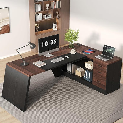 L-Shaped Executive Desk with Drawer, 78-Inch Large Home Office Desk with Cord Hold and Power Outlet, Modern Computer Table with Lateral File Cabinet,Open Shelf and PC Stand, Walnut Brown Black