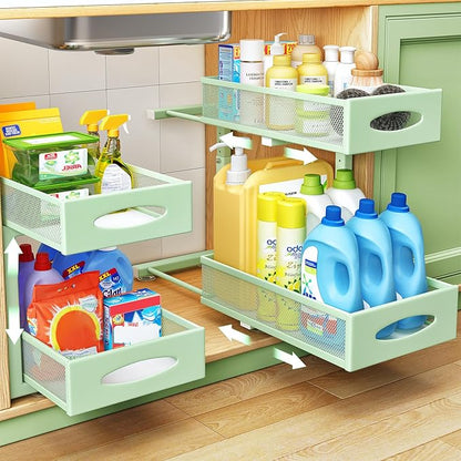 Under Sink Organizer, 2 Tier Pull out Cabinet Organizer Baskets with Mesh Sliding Drawers, Slide out Storage Shelf for Home, Kitchen, Bathroom, Pantry, Office Cabinet(1 Pack, Green)
