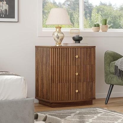 Dresser for Bedroom,3-Drawer Dresser, Mondern Wide Chest of Drawers with Fluted & Curved Design, Large Storage Chest for Bedroom, End Table for Living Rooms, （Walnut）