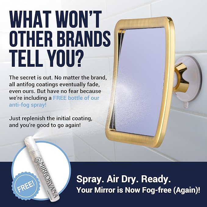 MIRRORVANA Fogless Shower Mirror for Shaving with Improved Suction and 360° Swivel - Unbreakable Fog Free Mirror for Men and Women - 6.3" x 6.3" (Gold)