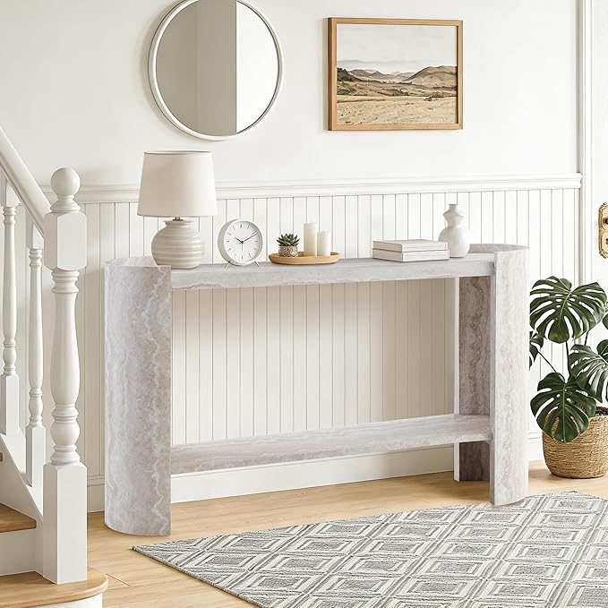 53 Inch Console Table, Modern 2-Tier Entryway Table with Rounded Corners, Narrow Sofa Table Behind Couch for Foyer, Hallway, Living Room,White