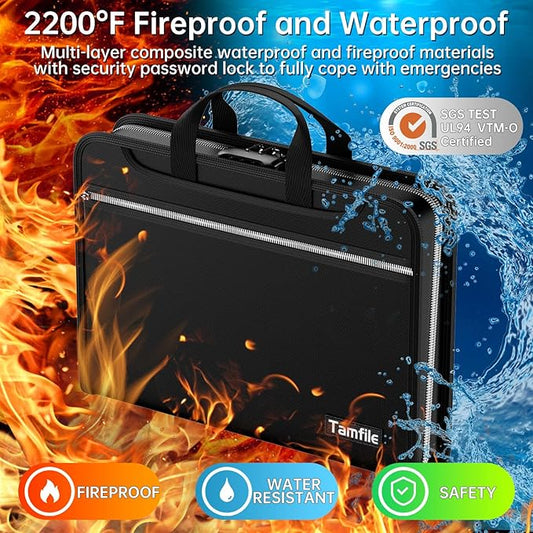 Tamfile Accordion File Organizer with Combination Lock, Fireproof Water 3 Ring Binder, 13 Pocket Expanding File Folder with Labels, Multi Pockets Document Organizer for Letter A4 Files (Black)