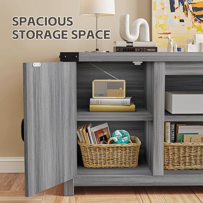 YESHOMY Modern Farmhouse TV Stand with Two Barn Doors and Storage Cabinets for Televisions up to 65+ Inch,Entertainment Center Console Table,Media Furniture for Living Room,Light Grey