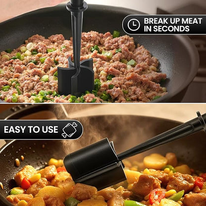 CUNSENR Premium Meat Chopper - 5 Curve Blade Ground Beef Smasher Tool - Heat-Resistant Nylon Meat Masher for Ground Beef, Hamburger, Potatoes - Non-Stick Ground Meat Chopper for Easy Mixing - Black