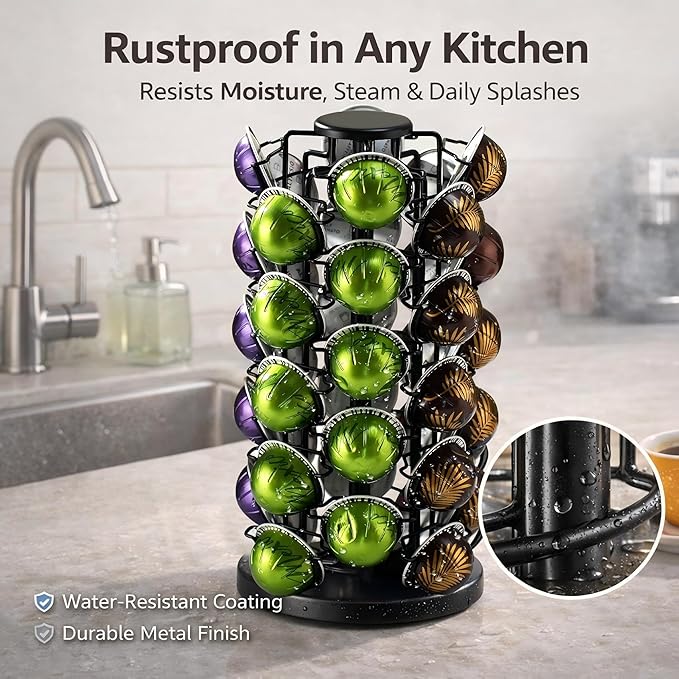 BLACKSMITH FAMILY Coffee Pods Holder Organizer, 360 Degrees Revolving Pod Carousel Compatible for 40 Nespresso Vertuo Pods No Assembly Required Nespresso Pods Holder Tower Stand,Black (Piano Black, 40 pods capability)