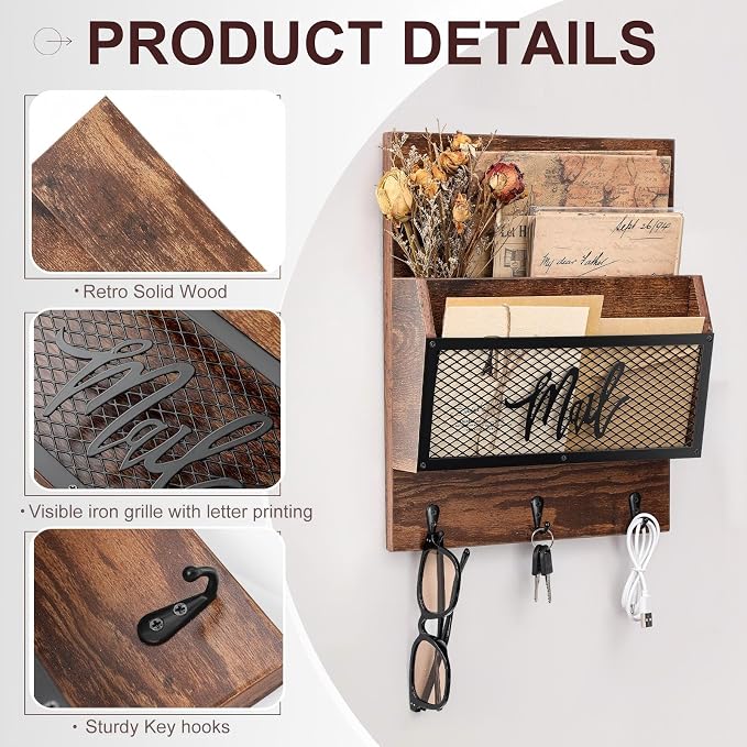 Yalikop Farmhouse Mail Organizer Wall Mounted Rustic Mail Holder Hanging Key Sorter with 3 Hooks Indoor Wooden Wall Mounted, Letter, Magazines, Newspapers, Keys(Classics,Brown)