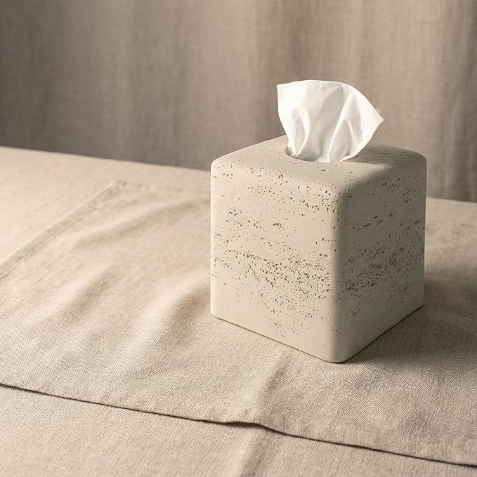 Travertine Tissue Box Cover Square Decorative Stone Klenex Box Holder for Bathroom & Living Room with Handcrafted Texture (Light Beige)